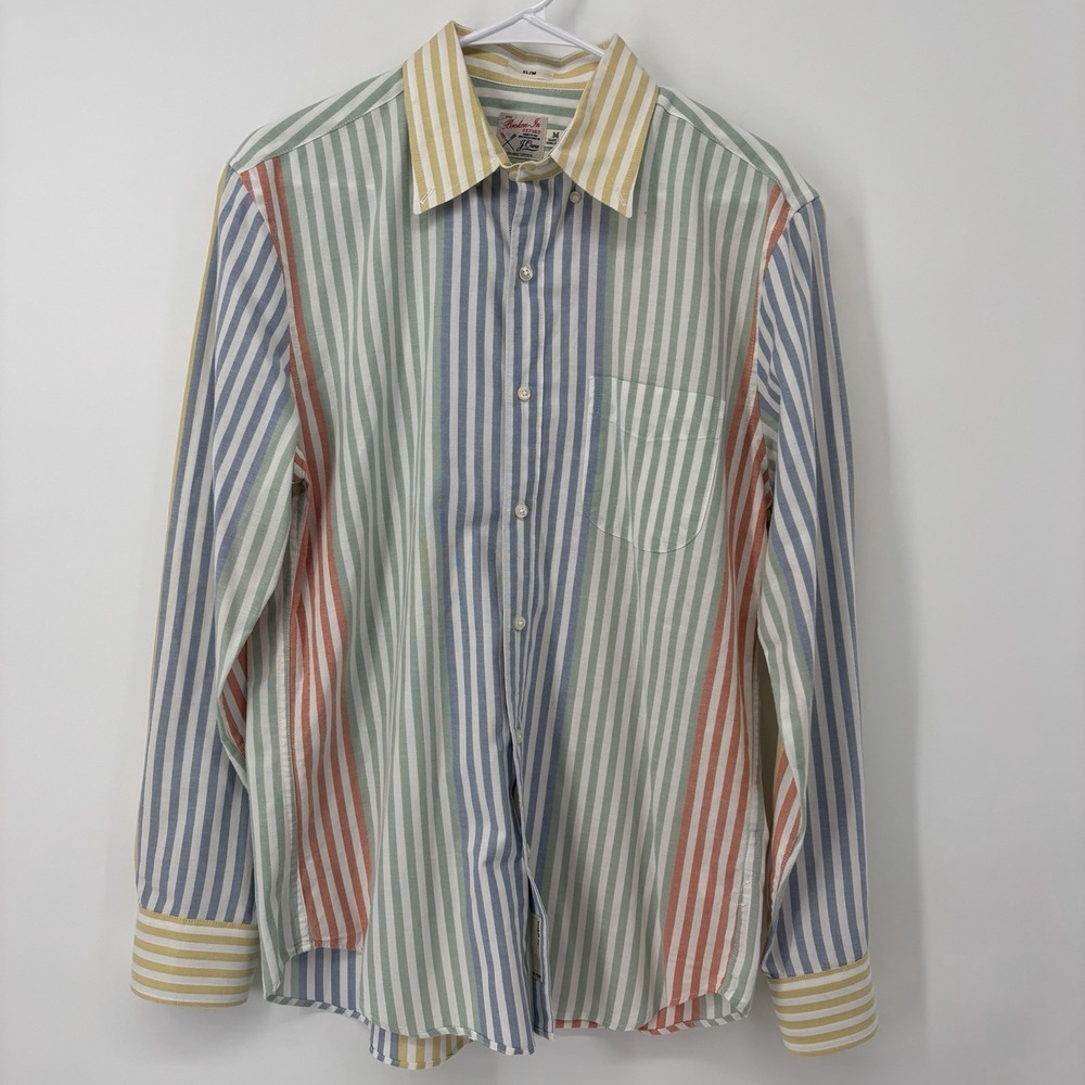 J. Crew Broken In Oxford Rainbow Striped Mens Medium Button Down‎ Organic Cotton